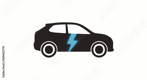 Sleek Dark Silhouette of Electric Car with Bright Blue Lightning Bolt Symbol