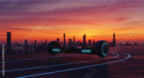 Sleek futuristic black hoverboard with glowing blue neon lights, modern personal transporter.