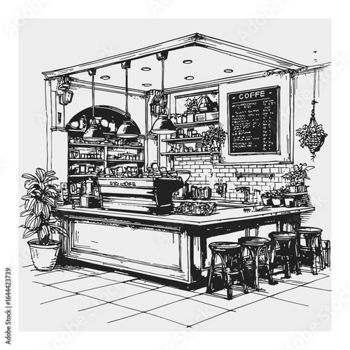 Hand-Drawn Engraving of a Cozy Coffee Shop Interior with Barista Station