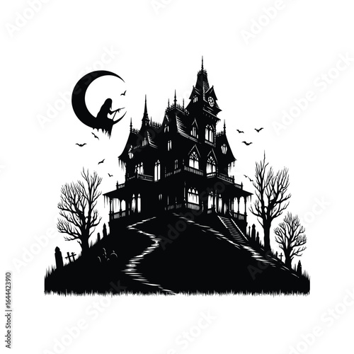 Haunted house vector silhouette line art logo design illustration