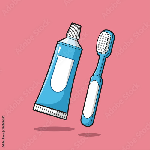 Cartoon illustration of a blue tube of toothpaste and a blue toothbrush, floating against a pink background.