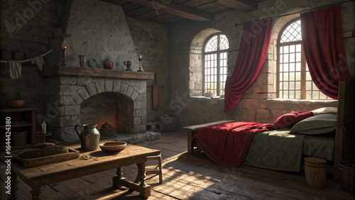 A medieval castle room with a stone fireplace, a wooden table, and a bed near a window, showcasing the historic architecture and vintage design of the interior