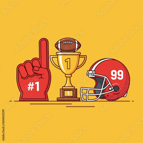 Illustration of a red foam finger with "#1", a golden trophy with a football on top, and a red football helmet with the number 99.