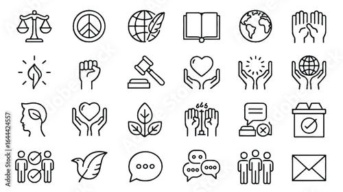 Law justice global affairs and civic participation icon set silhouette