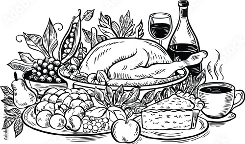 Black and White Line Art Depicting a Traditional Thanksgiving Feast, with Roasted Turkey, Seasonal Harvest, Wine, and Pie, Ideal for Autumn Holiday Designs.