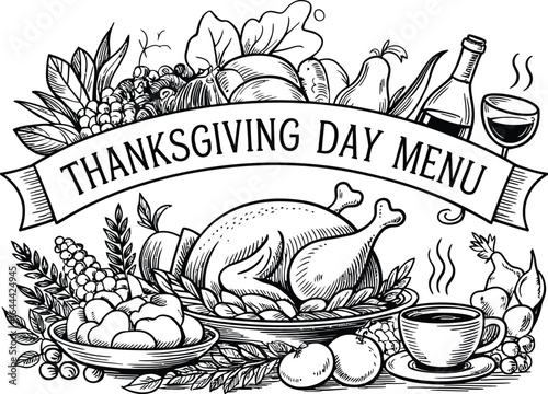 Thanksgiving Day Menu - Festive Black and White Line Art Illustration with Seasonal Delights