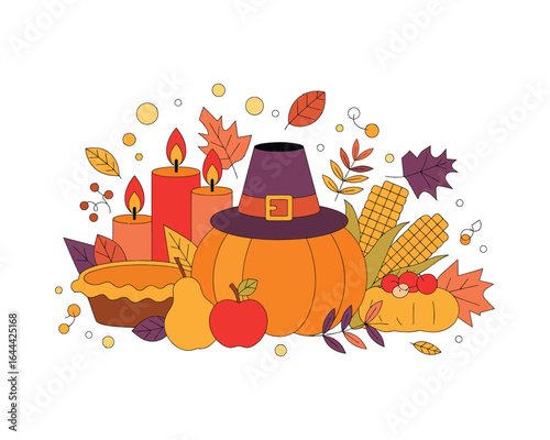 Thanksgiving Illustration Featuring pumpkins, candles, autumn leaves, and festive elements on white background