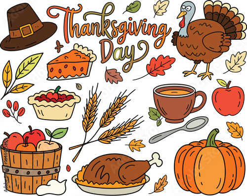 Vibrant hand-drawn Thanksgiving Day illustration collection showcasing traditional holiday symbols, including roasted turkey, pumpkin pie, autumn leaves, and harvest items.