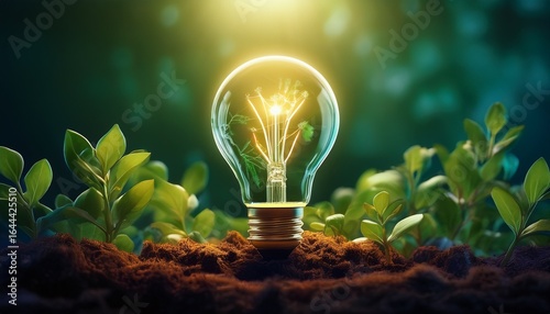 a glowing lightbulb with roots grows from soil among green plants symbolizing eco friendly energy and sustainable innovation in nature