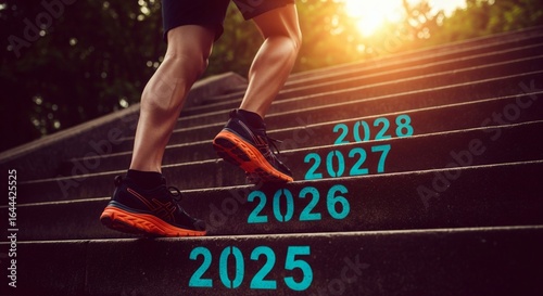 Determined athlete climbing stairs with 2025, 2026, 2027 and 2028 painted on them, representing progress toward new year goals and future success