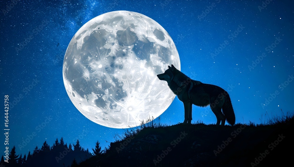 Naklejka premium Wild wolf standing on a hill, silhouetted against a giant glowing full moon in a starry night sky.