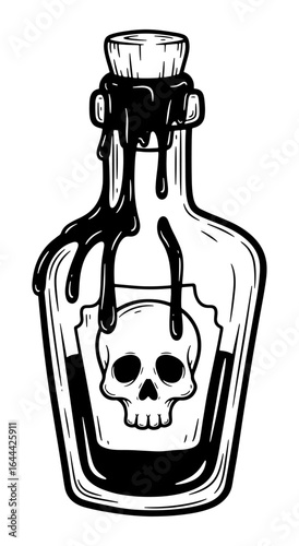 Apothecary Bottle of Poison with Skull Label in Black and White Outline Drawing