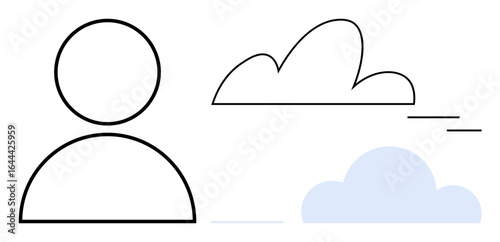 Human figure outline paired with abstract clouds in linear and filled styles. Ideal for weather, humanity, simplicity, minimalism, self-awareness, mindfulness, digital identity, simple flat metaphor