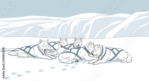 Illustrative scene of sled dogs resting in a snowy arctic landscape for a winter adventure
