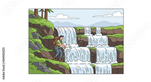 Illustrative scene showcasing a hiker by a cascading waterfall in a lush landscape