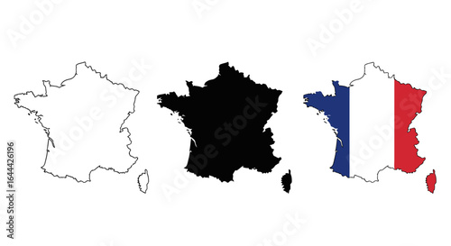 Vector illustrations showcasing the diverse geographic representation of France, featuring outline, solid black silhouette, and patriotic national flag colored map variants.