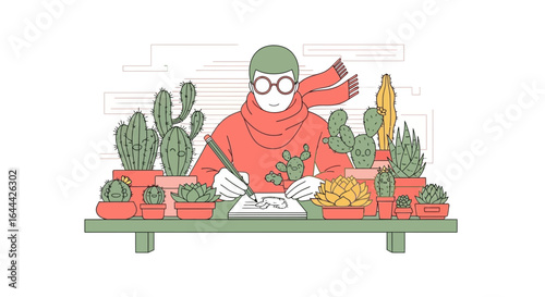 Illustrator immersed in creating botanical art surrounded by vibrant cacti collection