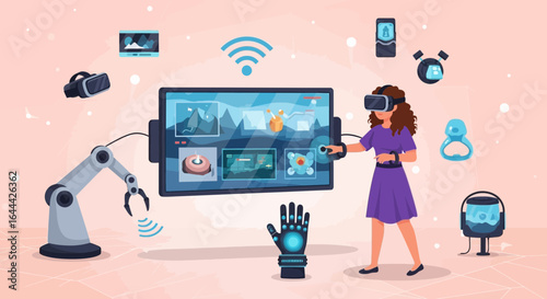Immersive technology concept: virtual reality experience with connected devices and automation, modern technological solutions