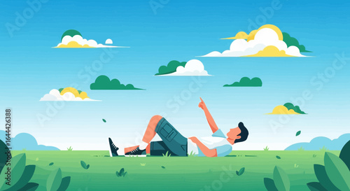 Man lies on the green grass, pointing at the blue sky with clouds, a sunny day and relax, vector illustration, minimalist and simple design
