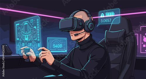 Immersive virtual reality gaming experience with interactive interfaces and futuristic technology