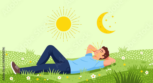 Man Lying on Grass with Sun and Moon Symbolizing Day and Night Illustration