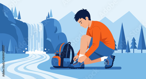 Man preparing for outdoor adventure by tying his hiking boots near a waterfall landscape