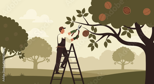 Man Pruning Walnut Tree in Orchard on Ladder with Secateurs Illustration
