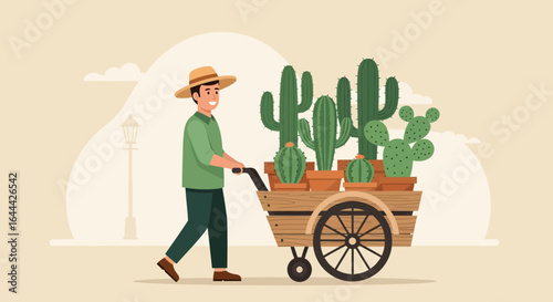 Man pushing a cart full of potted cacti in a desert landscape illustration