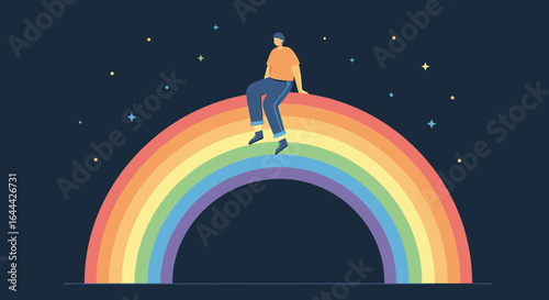 Man sitting on a rainbow in a starry sky illustration conveys hope and dreams