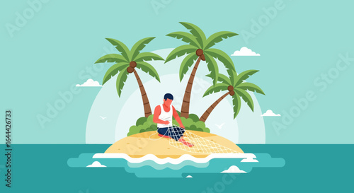 Isolated island repairman mending fishing net near tropical palm trees illustration