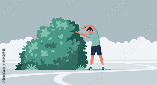 Man Stretching Outdoors by a Bush in a Serene Urban Park Setting for Wellbeing