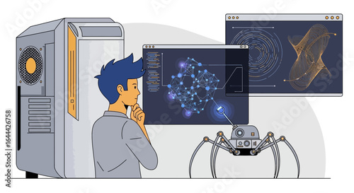 Man studies complex data on computer screens with robot assistance in advanced setup