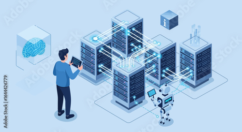 Isometric illustration depicting data center management and artificial intelligence integration in modern infrastructure