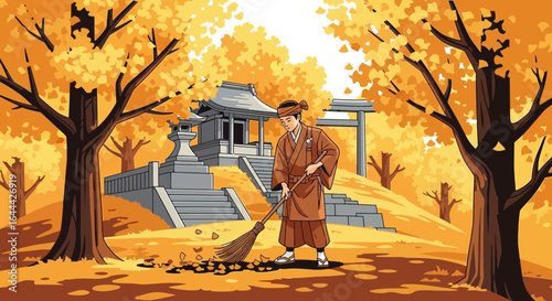 Japanese temple grounds keeper sweeping leaves in autumn scenery illustration art
