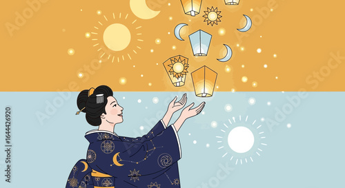 Japanese woman in kimono releases sky lanterns during a traditional festival celebrations with celestial designs