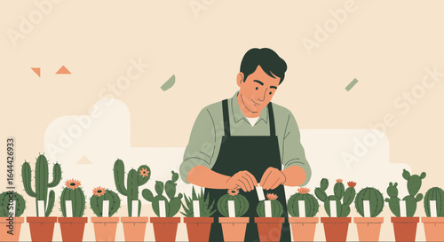 Man with Cactus in pots, illustrated with vibrant detail for nature enthusiasts
