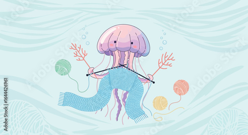 Jellyfish Knitting A Scarf Underwater Illustration For Crafty Creative Projects