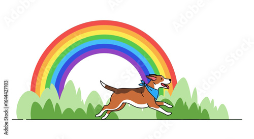 Joyful Canine Adventure A Playful Dog Running Beneath a Vibrant Rainbow