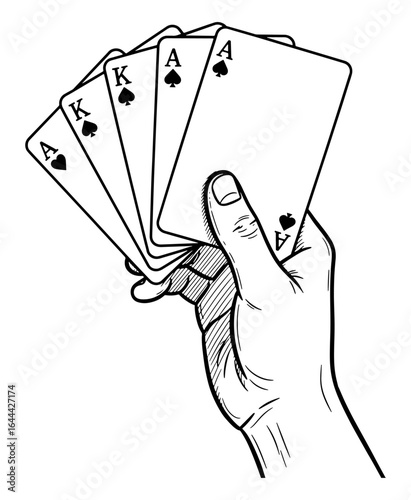 Line Art Illustration of a Hand Holding a Royal Flush