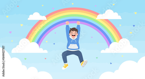 Joyful Cartoon Illustration of a Boy Hanging from a Rainbow in a Dreamy Sky