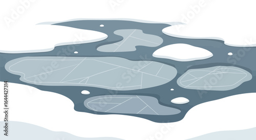 Melting Ice Floes In Blue Water Surface With Snowy Banks Landscape