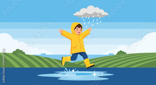 Joyful child in yellow raincoat jumping in a puddle on a rainy day outdoors happy moments childhood and weather concept