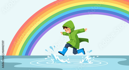 Joyful child in raincoat jumping in puddle under rainbow cartoon illustration