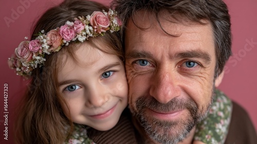 Father and Daughter Portrait with Flower Crown Closeup Smiling.