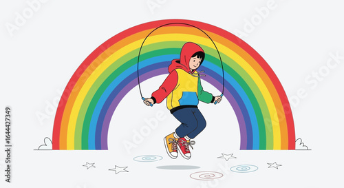 Joyful Child Skipping Rope Under a Vibrant Rainbow, Celebrating Childhood Fun and Happiness