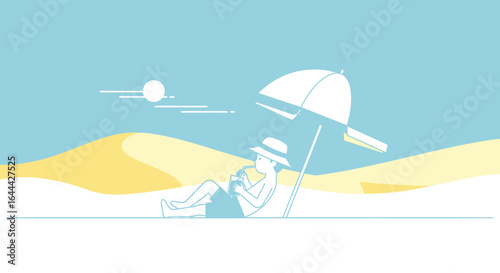 Minimalist beach scene featuring a relaxing figure enjoying a refreshing drink under an umbrella on a sunny day