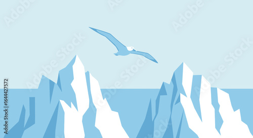 Minimalist graphic illustration of a bird flying over icebergs in a serene arctic landscape depicting environmental themes