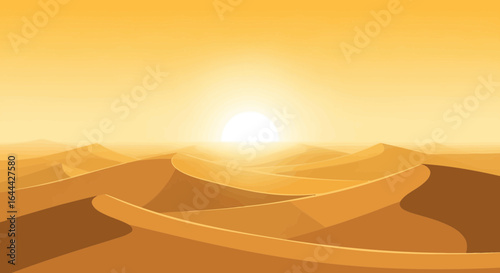 Minimalist desert landscape with sand dunes and a bright sun illustration