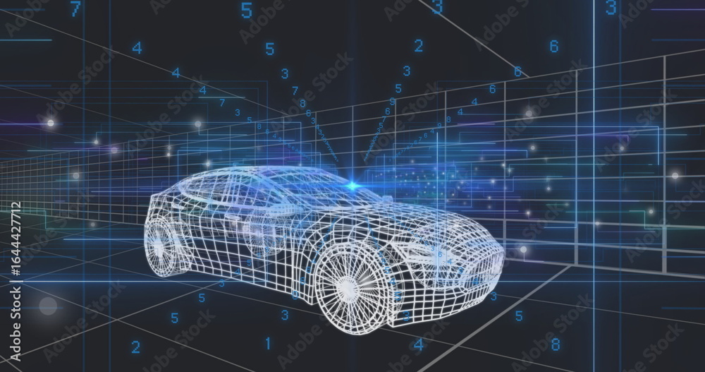 Fototapeta premium Displaying wireframe model coupe car sitting in 3D grid, with floating digits and glowing points