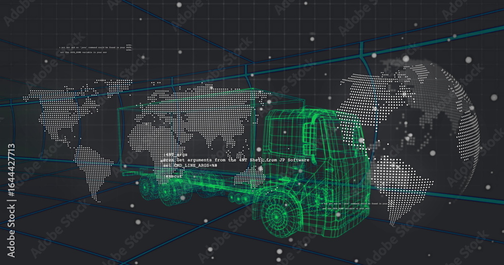 Fototapeta premium Floating wireframe truck model in 3D grid interface, with map overlays, code snippets, data nodes